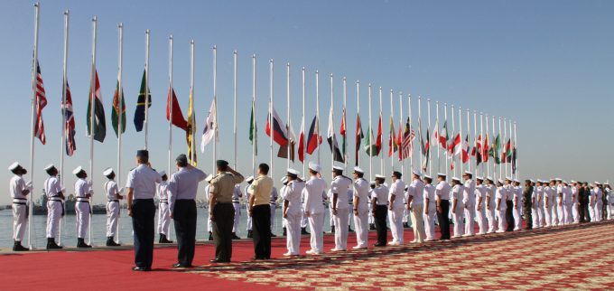 All Foriegn delegates saluting their national flags at the Flag Hoisting Ceremony of Multinational Exercise Aman 17 held today at PN dockyard 1 680x322