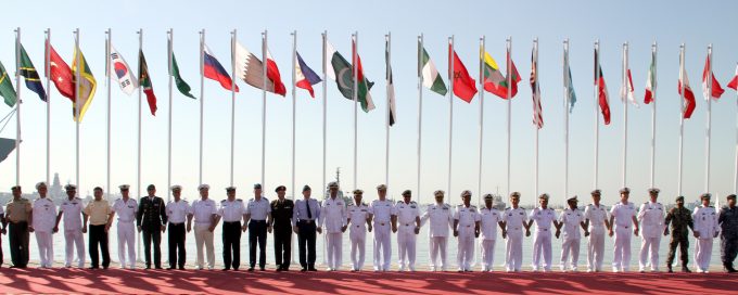 All Senior Foriegn officials infront of their national flags at the Flag Hoisting Ceremony of Multinational Exercise Aman 17 held today at PN dockyard 2 680x272