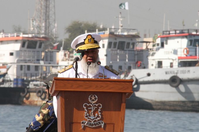 Commander Pakistan Fleet VIce Admiral Arifullah Hussaini addressing the Flag Hoisting Ceremony of Multinational Exercise Aman 17 held today at PN dockyard 2 680x453