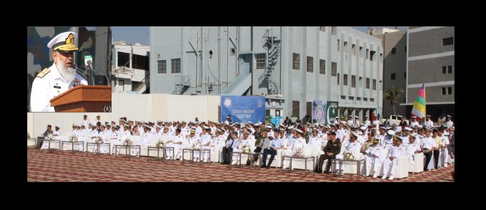 Commander Pakistan Fleet VIce Admiral Arifullah Hussaini addressing the audience during the Flag Hoisting Ceremony of Multinational Exercise Aman 17 held today at PN dockyard 4 1 680x294